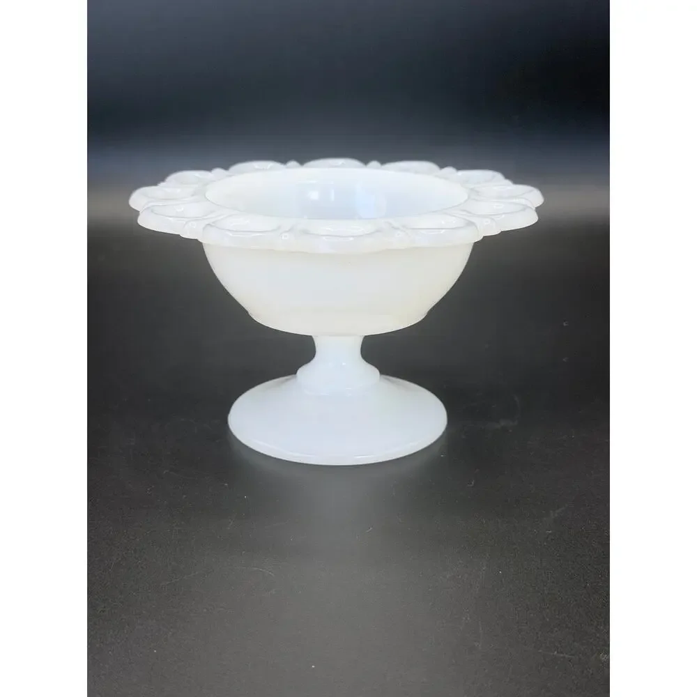 Vintage Anchor Hocking Old Colony Milk Glass Lace Edge Pedestal Compote Dish
